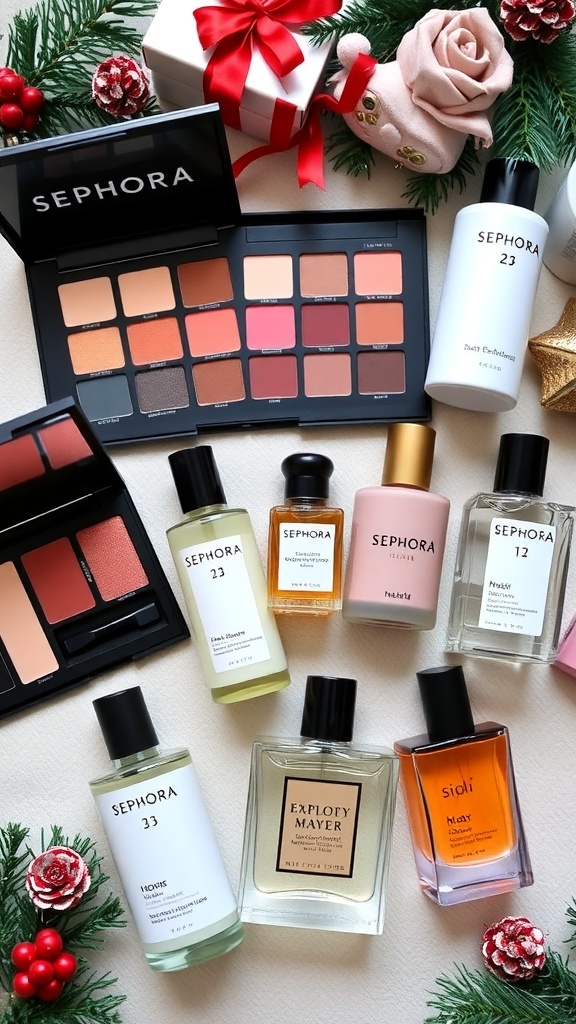 Sephora Holiday Wishlist Ideas Flat lay of Sephora beauty products including makeup and skincare on a festive background.